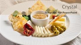  Presentation with french restaurant - Audience pleasing presentation theme consisting of cheese-food-plate-with-olives backdrop and a coral colored foreground