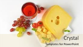  Presentation with red wine cheese - Presentation theme enhanced with plate of fresh cheese glass of red wine and grapes on white background background and a yellow colored foreground