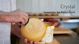  Presentation with factory - Audience pleasing presentation theme consisting of cheese-maker-at-local-production backdrop and a light gray colored foreground
