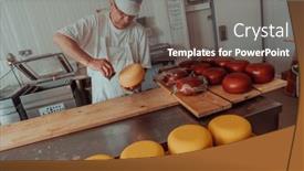  Presentation with industry - PPT theme having cheese-maker-working background and a violet colored foreground