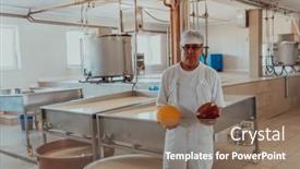  Presentation with machines - PPT theme with cheese-makser-working background and a violet colored foreground