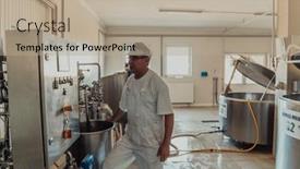  Presentation with machines - Presentation theme with cheese-makser-working background and a mint green colored foreground