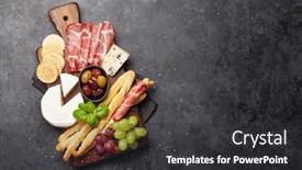  Presentation with meat - PPT layouts having cheese-meat-grapes-and-olives background and a dark gray colored foreground