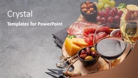  Presentation with red wine cheese - Colorful slide set enhanced with cheese-meat-grapes-and-olives backdrop and a gray colored foreground