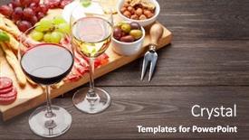  Presentation with red wine cheese - Audience pleasing slide set consisting of cheese-meat-grapes-and-olives backdrop and a dark gray colored foreground