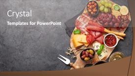  Presentation with red wine cheese - Presentation design having cheese-meat-grapes-and-olives background and a gray colored foreground