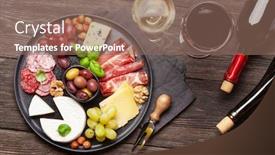  Presentation with red wine cheese - Colorful PPT theme enhanced with cheese-meat-grapes-and-olives backdrop and a violet colored foreground