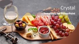  Presentation with red wine cheese - Presentation consisting of cheese-meat-grapes-and-olives background and a gray colored foreground