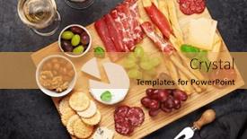  Presentation with red wine cheese - PPT theme having cheese-meat-grapes-and-olives background and a yellow colored foreground