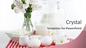  Presentation with dairy products - PPT theme featuring cheese milk - tasty dairy products on wooden background and a  colored foreground