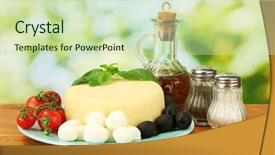  Presentation with mozzarella cheese - Slides consisting of cheese mozzarella with vegetables in the plate on wooden table close-up background and a soft green colored foreground