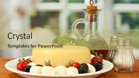  Presentation with mozzarella cheese - PPT theme consisting of cheese mozzarella with vegetables in the plate on wooden table close-up background and a yellow colored foreground