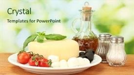  Presentation with mozzarella cheese - PPT layouts with cheese mozzarella with vegetables in the plate on wooden table close-up background and a soft green colored foreground