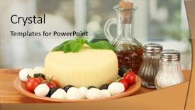  Presentation with mozzarella cheese - Amazing slides having cheese mozzarella with vegetables in the plate on wooden table close-up backdrop and a light gray colored foreground