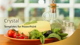  Presentation with mozzarella cheese - Audience pleasing presentation design consisting of cheese mozzarella with vegetables in the plate on wooden table close-up backdrop and a yellow colored foreground