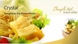  Presentation with olive oil - PPT theme featuring cheese on a wooden plate and a pitcher of olive oil and herbs shallow dof background and a yellow colored foreground