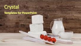  Presentation with feta cheese - Audience pleasing slide set consisting of cheese on plate with milk backdrop and a tawny brown colored foreground