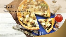  Presentation with cheese pie - Slide deck enhanced with cheese pie with mushrooms herbs and sour creme on napkin on wooden table background background and a yellow colored foreground