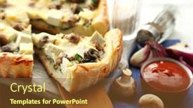  Presentation with cheese pie - Slide deck with cheese pie with mushrooms herbs and sour creme on napkin on wooden table background background and a tawny brown colored foreground