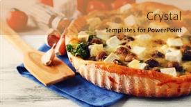  Presentation with cheese pie - Beautiful PPT theme featuring cheese pie with mushrooms herbs and sour creme on wooden table background backdrop and a yellow colored foreground