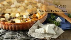  Presentation with cheese pie - Beautiful presentation design featuring cheese pie with mushrooms herbs and sour creme on wicker mat on wooden table background backdrop and a yellow colored foreground