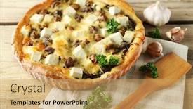  Presentation with cheese pie - Colorful presentation enhanced with cheese pie with mushrooms herbs and sour creme on wooden table background backdrop and a yellow colored foreground