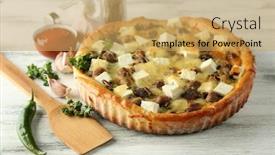  Presentation with cheese pie - Beautiful slide deck featuring cheese pie with mushrooms herbs and sour creme on wooden table background backdrop and a yellow colored foreground