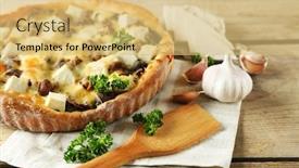  Presentation with cheese pie - Audience pleasing presentation theme consisting of cheese pie with mushrooms herbs and sour creme on wooden table background backdrop and a yellow colored foreground