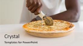  Presentation with lathe cutting tools - Colorful presentation design enhanced with cheese pizza using a cutter backdrop and a soft green colored foreground