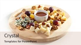  Presentation with grape vine black grapes - PPT theme with cheese plate with grapes nuts and honey background and a coral colored foreground