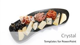  Presentation with chorizo - Amazing PPT theme having cheese-plate-with-meat backdrop and a white colored foreground