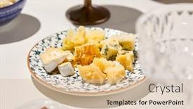  Presentation with white cheese - Presentation theme having cheese-platter-on-white-table background and a soft green colored foreground