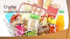  Presentation with white cheese - Audience pleasing theme consisting of cheese product - metal shopping basket with groceries backdrop and a lemonade colored foreground