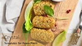  Presentation with green plate - Amazing PPT layouts having cheese-sticks-on-wooden-plate backdrop and a yellow colored foreground