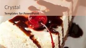  Presentation with cheesecake - PPT theme having cheesecake with chocolate sauce and cherries background and a coral colored foreground