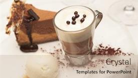  Presentation with cacao - PPT theme having cheesecake with natural vanilla ice-cream and hot cacao background and a coral colored foreground