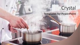  Presentation with chef - Beautiful presentation design featuring commercial kitchen - chef at work backdrop and a light gray colored foreground
