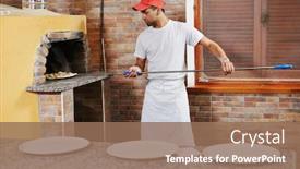  Presentation with restaurant kitchen - Cool new slide deck with chef baker man in uniform making pizza at restaurant kitchen stove backdrop and a coral colored foreground
