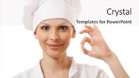  Presentation with cook chef - Presentation having chef baker or cook showing ok hand sign isolated on white background and a sky blue colored foreground