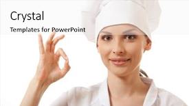  Presentation with cook chef - Presentation having chef baker or cook showing ok hand sign isolated on white background and a white colored foreground