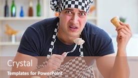  Presentation with cooking chef - Cool new slide deck with chef cook cooking a meal breakfast dinner in the kitchen backdrop and a coral colored foreground