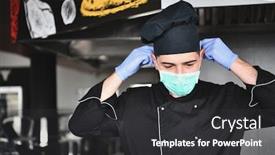  Presentation with cook chef - Slide set featuring chef-cook-wearing-face-protective background and a dark gray colored foreground
