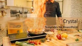  Presentation with cooking fire - Presentation theme consisting of chef cooking meat with vetables background and a gold colored foreground