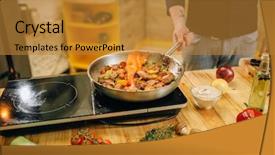  Presentation with cooking fire - Presentation featuring chef cooking meat with vetables background and a gold colored foreground