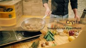  Presentation with cooking chef - Beautiful presentation design featuring chef cooking meat with vetables backdrop and a gold colored foreground