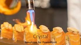  Presentation with cooking chef - Presentation theme enhanced with chef-cooking-salmon-foie-gras background and a gold colored foreground
