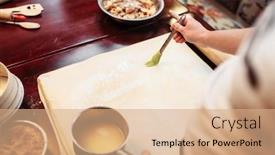  Presentation with cooking chef - Audience pleasing slide set consisting of chef cooking strudel ingredients on background backdrop and a coral colored foreground