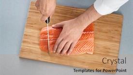  Presentation with chef - Beautiful PPT layouts featuring chef cutting fresh salmon fillet in kitchen backdrop and a coral colored foreground