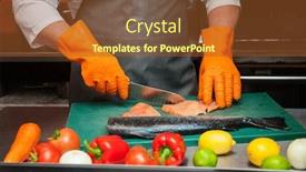  Presentation with salmon fish - Slide set with chef cutting salmon fish on steaks with knife background and a red colored foreground