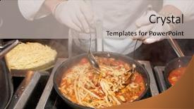  Presentation with pasta restaurant - Presentation theme featuring chef frying mussels with pasta background and a soft green colored foreground